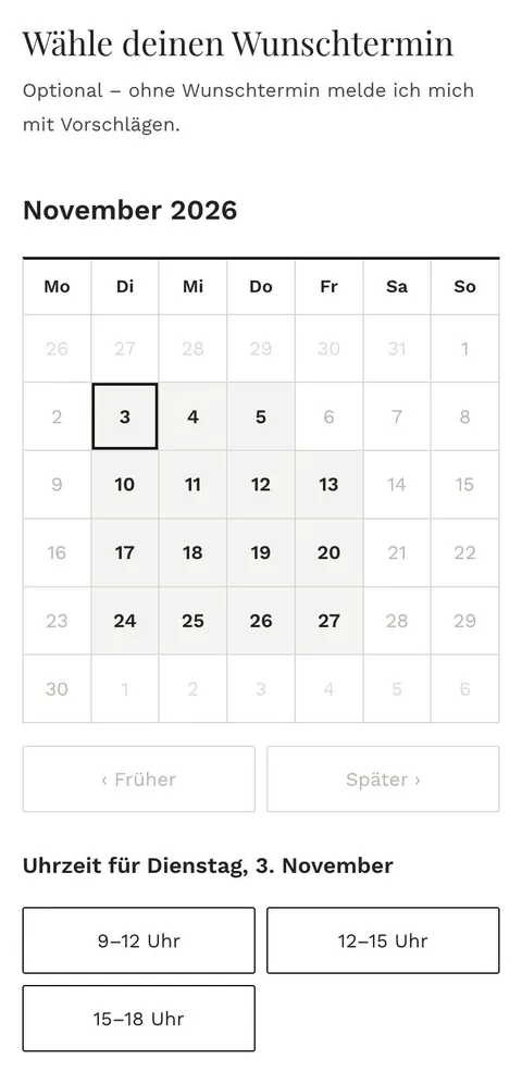 Neuer Ablauf am Handy: Schritt „Wähle deinen Wunschtermin“ mit Monatskalender, freien Tagen und drei Zeitfenstern