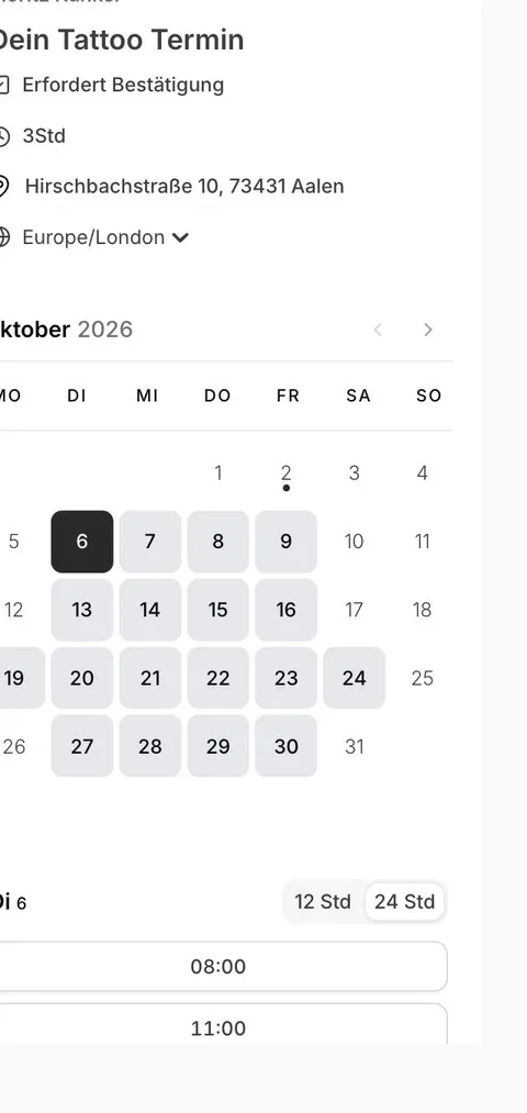 Alter Ablauf am Handy: Buchungskalender von Cal.com mit fester Dauer von drei Stunden und Zeitzone Europe/London